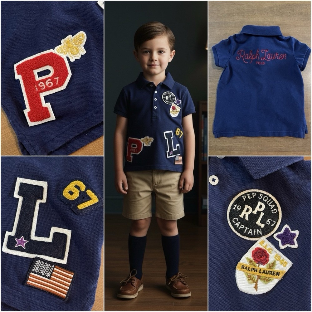 Polo Ralph Lauren Shirt Boys 4T Blue Pep Squad Captain Patches Embroidered